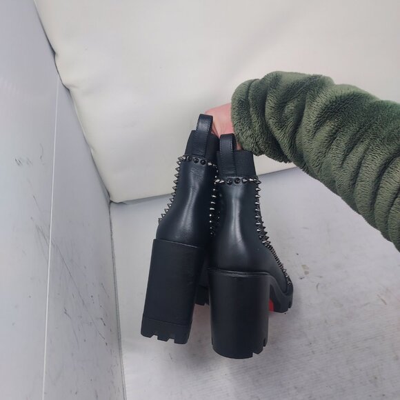 Christian Louboutin Black Out Line Stud Spike Lug Heel Leather Boot - Picture 9 of 11